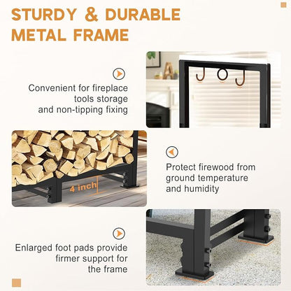 8ft Firewood Rack Outdoor with Waterproof Widened Cover, Heavy Duty Firewood Holder Included Supporting Strap, Powder-coated Wood Rack for Firewood Storage