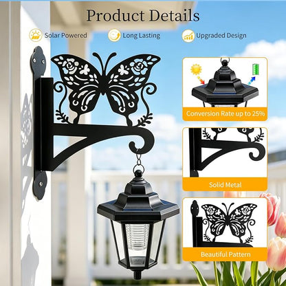 VOOKRY Solar Wall Lanterns Outdoor, Waterproof 2 Pack Hanging Lights with Butterfly Hooks, Wall Mount Sconce with 3 Solar Panels for Patio Porch Yard Garden Decor, Dusk to Dawn 2700K Warm White