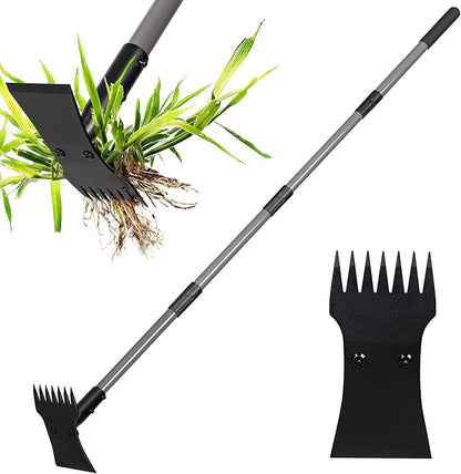 Walensee 2-in-1 Weed Puller Tool and Garden Hoe, Long Handle Weed Rake | Durable 3.5mm steel head, 64-inch adjustable handle. Ergonomic design relieves back strain while removing deep-rooted weeds.