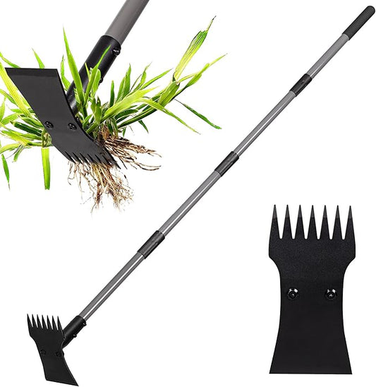 Walensee 2-in-1 Weed Puller Tool and Garden Hoe, Long Handle Weed Rake | Durable 3.5mm steel head, 64-inch adjustable handle. Ergonomic design relieves back strain while removing deep-rooted weeds.