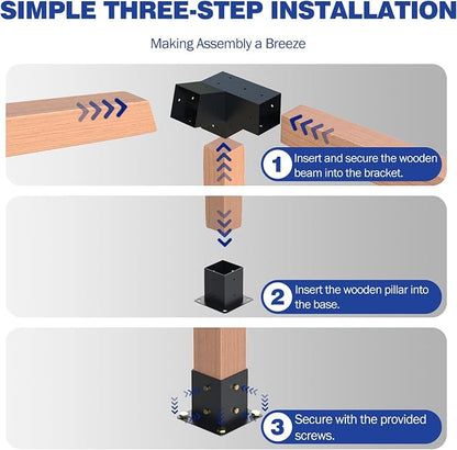 Pergola Kit, 15° 3-Way Slanted Roof Pergola Bracket Set, Powder-Coated Roof Wall Mount Pergola Brackets 4"x 4"(Actual: 3.5x3.5 Inch), Pergola Hardware for Porch Gazebo Backyard (6 pcs), Black