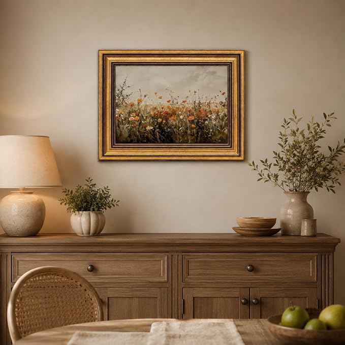 Devunaty Gold Framed Wall Art Vintage Flower Canvas Wall Art for Living Room Wildflower Field Nature Landscape Wall Decor Painting Picture Rustic Farmhouse Print Artwork Bedroom Bathroom Decor 12"x16"