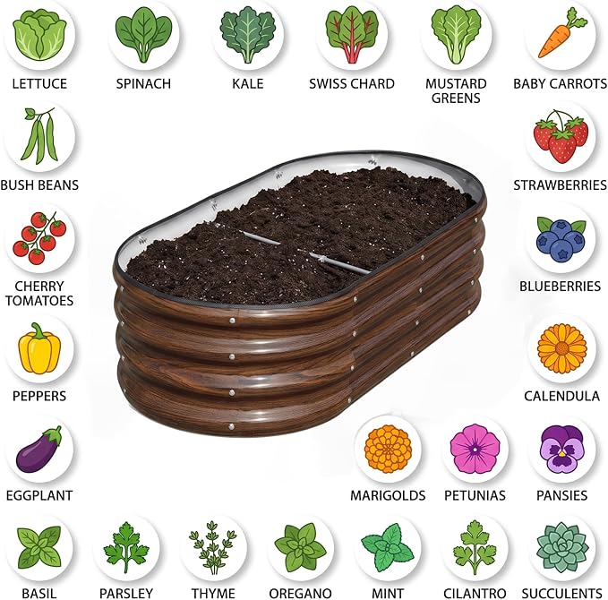 SnugNiture Galvanized Raised Garden Bed Outdoor, 2 Pcs 4x2x1ft Oval Metal Planter Box for Planting Plants Vegetables, Brown