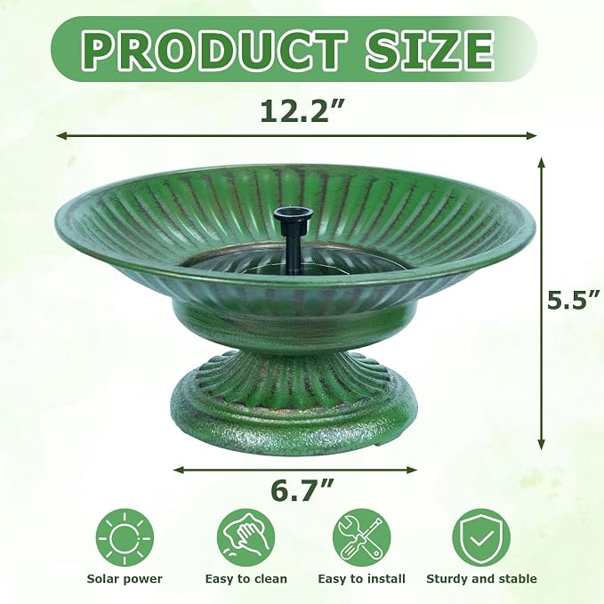 12.3" Solar Bird Bath Bowl,Cast Iron Pedestal Bird Bath with Solar Fountain | Solar Fountains for Bird Bath,Metal Bird Bath Bubbler for Garden, Patio & Yard.