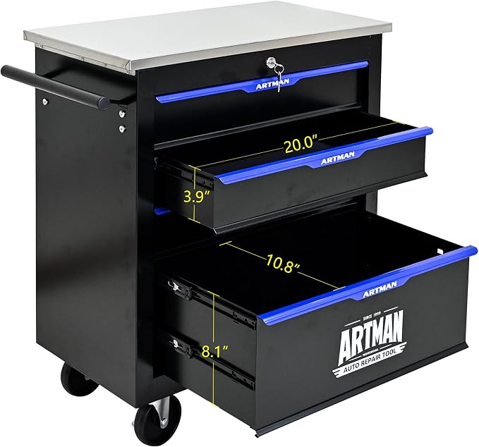 4-Drawer Rolling Tool Chest, Lockable Stainless Top for Garage, Black&Blue | Heavy Duty Modular Roll Around Tool Cabinet with Drawers for Workshop and Tool Box Storage