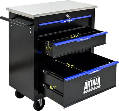 4-Drawer Rolling Tool Chest, Lockable Stainless Top for Garage, Black&Blue | Heavy Duty Modular Roll Around Tool Cabinet with Drawers for Workshop and Tool Box Storage