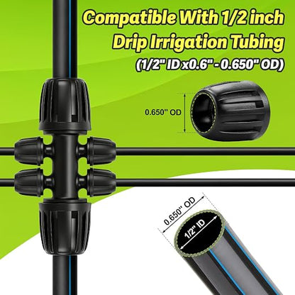 12 Pcs 1/2 Inch to 1/4 Inch Irrigation Tubing Fittings, 1/2"(1/2" ID x 0.65" OD) to 1/4" Drip Barbed Tee Adapter 16mm Anti-Drop Locked Nut T Reducer to 1/4" Distribution Line Connector