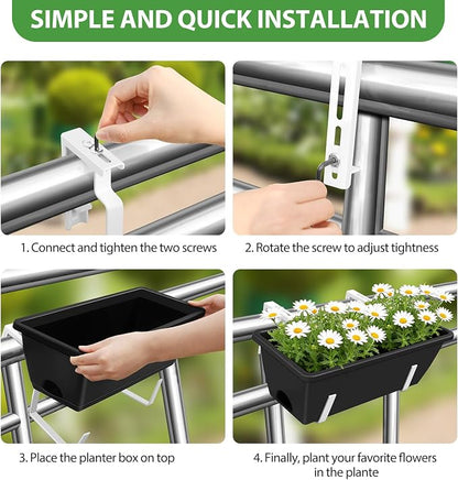 OYEAL Railing Planter Box Outdoor 4 Pack Hanging Balcony Planters 17 Inch Window Boxes Planter with Adjustable Brackets Plastic Flower Pots for Garden Deck Porch Railing Balcony Fence, Black & White