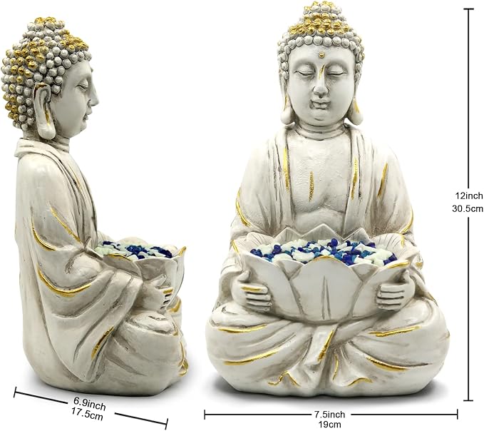 Goodeco Meditating Buddha Statue Sculpture - Outdoor Sitting Sculpture Decoration, Marble Finish with Lotus and Magical Glow in The Dark Pebbles and Glass Stones,Gift idea,White Color (12 inch)