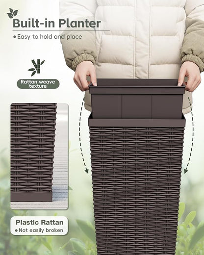Greesum 24 Inch Tall Plastic Planters with Rattan Texture – Set of 2, Detachable Inner Pot & Drainage Holes, Indoor/Outdoor Decorative Flower Pots for Large Plants, Trees, Patio, and Garden, Brown