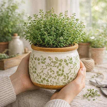 Vintage Ceramic Flower Pot - Indoor Outdoor Planters with Drainage Holes & Filter Screen, 9’’ Large Rustic Farmhouse Decorative Plant Pots for Garden/Patio/Balcony (Green Vines, Large)