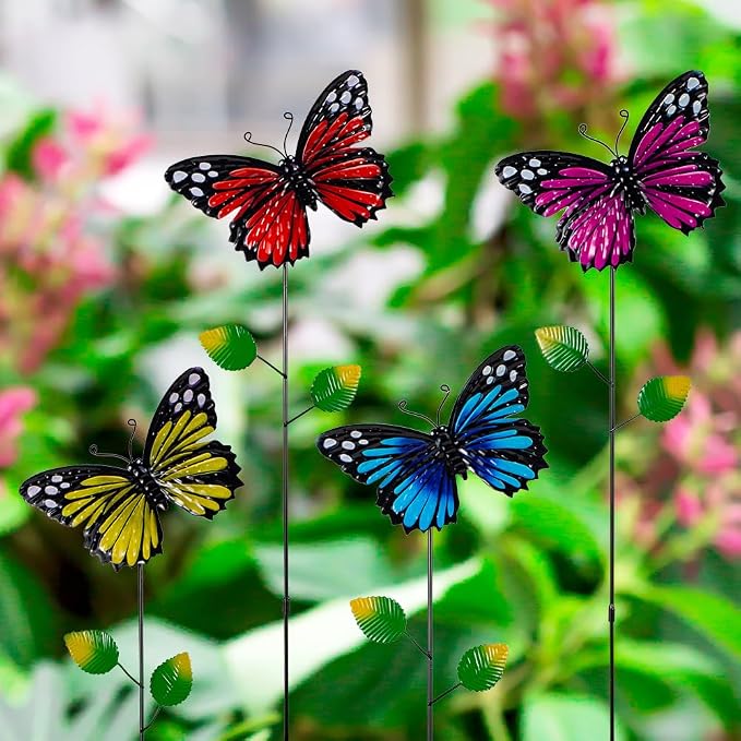 4 Pack Butterfly Decorative Garden Stakes,Metal Colorful Butterfly Garden Decor,Yard Art Spring Decor for Outdoor Porch Lawn Pathway