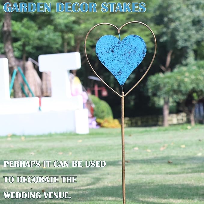 Metal Garden Decor for Outside，Rotating Heart-Shaped Garden Stake, Cemetery Decorations for Grave,Perfect for Planter Decorations, Outdoor Lawn Gardens, Also the Best Choice for Gifts - Blue