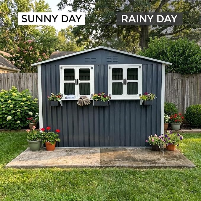 6x9 FT Outdoor Storage Shed with 2 Clear Openable Windows,Waterproof Metal Building Backyard Shed w/Windowsill & Garden Bed Flower Rack,Lockable Double Doors Tool Shed,for Yard,Coal Gray