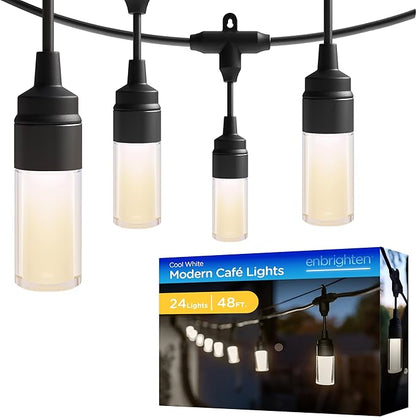 Enbrighten Modern Outdoor String Lights, 48ft, 24 Cylindrical Shatterproof Bulbs, Cool White 4000K, Weatherproof, Commercial Grade Patio Lighting, 87751