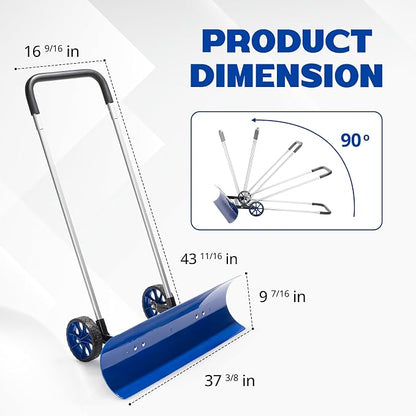 Idzo Efficient Snow Pusher, Snow Plow Shovel with 37-Inch Reversible and Bi-Directional Angled Blade, Snow Shovel with Wheels & Convenient 90 Degree Handle for Driveways, Sidewalks, Ice Hockey Rinks