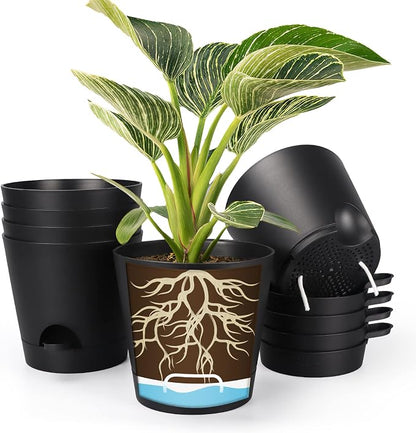 8 Inch Self Watering pots for Indoor, 6 Pack Plastic Plant Pots with Drainage Holes, Black