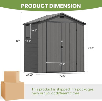 Greesum 6x4FT Plastic Outdoor Storage Shed with Floor, Resin Sheds with Lockable Double Door, Tool Sheds with Vents and Window, for Garden, Backyard, Patio, Dark Gray
