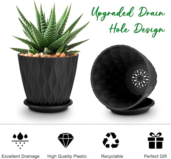 YNNICO 4 inch Plant Pots, 5 Pack Flower Pots Outdoor Indoor, Planters with Drainage Holes and Tray Saucers(Black)