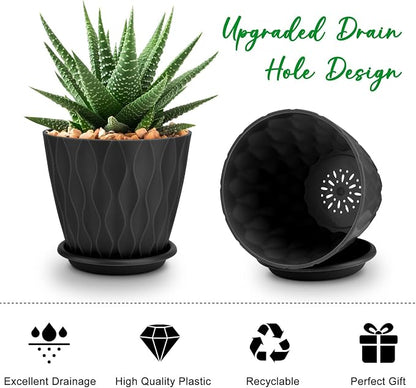 YNNICO 4 inch Plant Pots, 5 Pack Flower Pots Outdoor Indoor, Planters with Drainage Holes and Tray Saucers(Black)