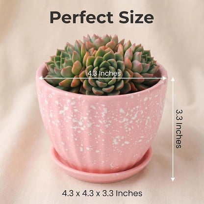 4 Inch Ceramic Succulent Planter Pots with Drainage Holes and Saucers for Indoor Succulent, Bonsai, Cactus, Small Flower (Red)