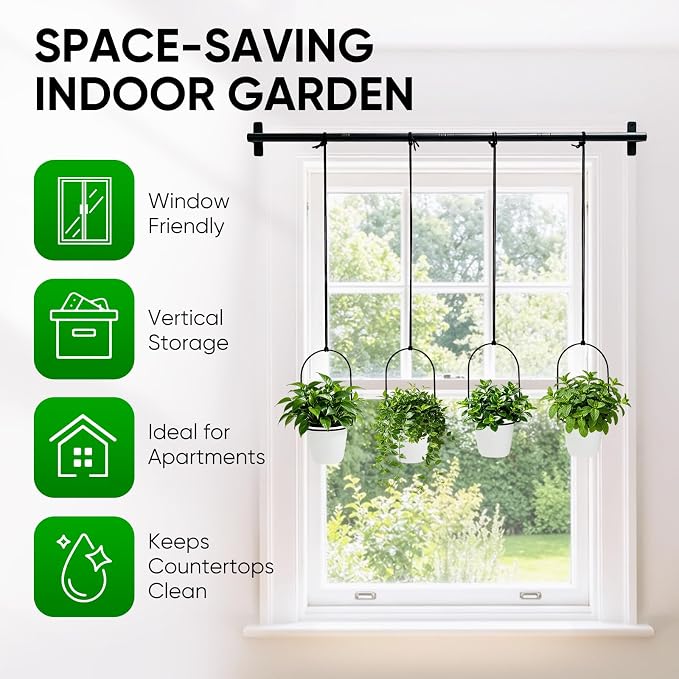 Hanging Planters for Indoor Plants with 4 Pots, Adjustable Window Plant Rod, Space-Saving Herb Garden Holder for Wall or Ceiling Mount (40in-4 Hanging basins)