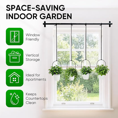 Hanging Planters for Indoor Plants with 4 Pots, Adjustable Window Plant Rod, Space-Saving Herb Garden Holder for Wall or Ceiling Mount (40in-4 Hanging basins)