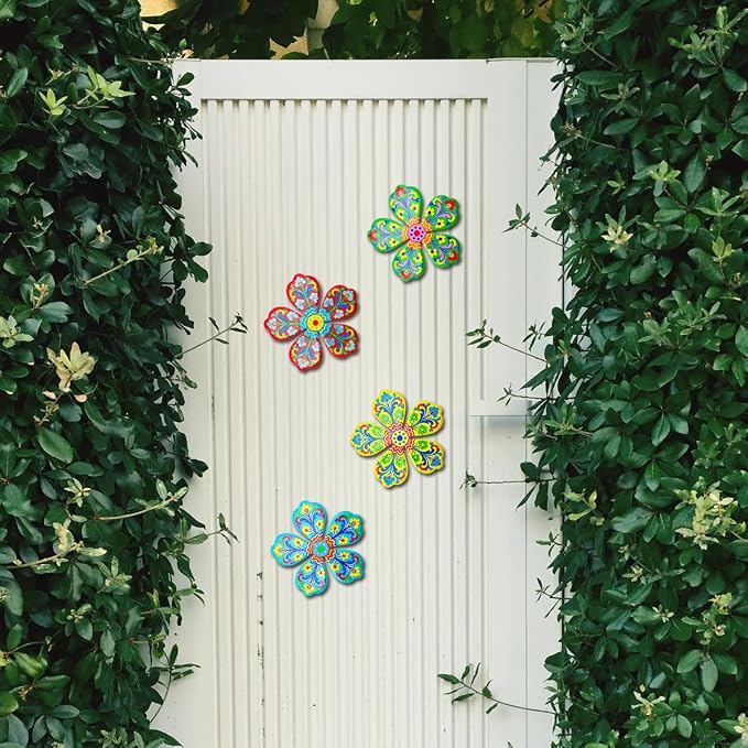 Giyyomtr Metal Flowers Wall Decor - 4pcs Metal Flower Wall Art Hanging Decorations for Outdoor Fence Garden Yard Patio Decor