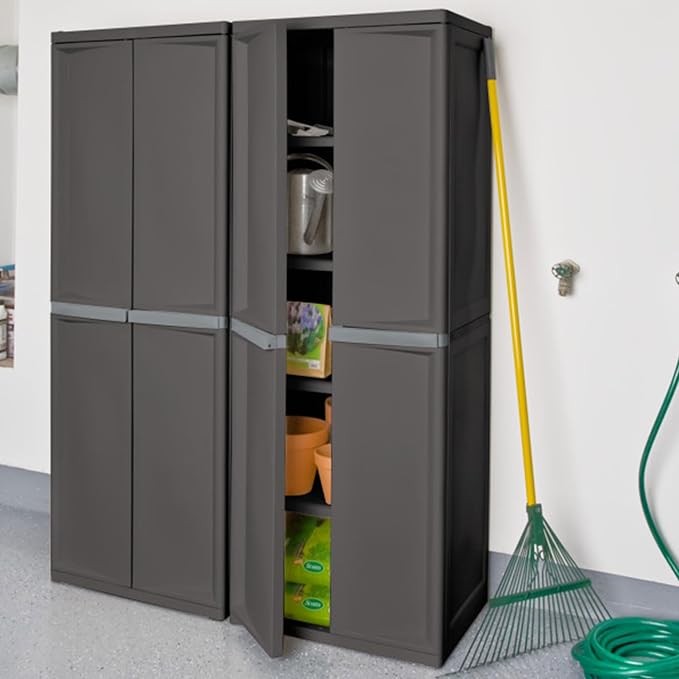 Sterilite 2-Pack 4 Shelf Cabinet, Lockable Utility Storage w/Adjustable Shelves, Gray - Plastic Shelving Unit for Organizing Garage, Pantry, Basement, Laundry Room or Mudroom