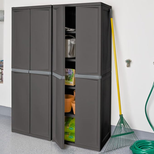 Sterilite 2-Pack 4 Shelf Cabinet, Lockable Utility Storage w/Adjustable Shelves, Gray - Plastic Shelving Unit for Organizing Garage, Pantry, Basement, Laundry Room or Mudroom