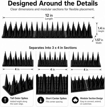 Bird Spikes for Outside, 20 Pack 20 FT Plastic Pigeon Deterrent Spikes, Dense Anti-Climb Strips for Squirrels, Raccoons & Cats, Cuttable Fence Spikes for Roof, Railing, Window Sill(Black)