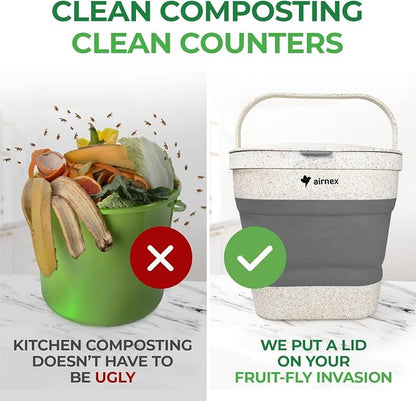 AIRNEX Collapsible Compost Bin Kitchen Counter Caddy - 1 Gallon Countertop Compost Bin with Lid Made of Wheat Straw - Odorless Kitchen Compost Bin Countertop with 20 Compost Bags and 2 Carbon Filters