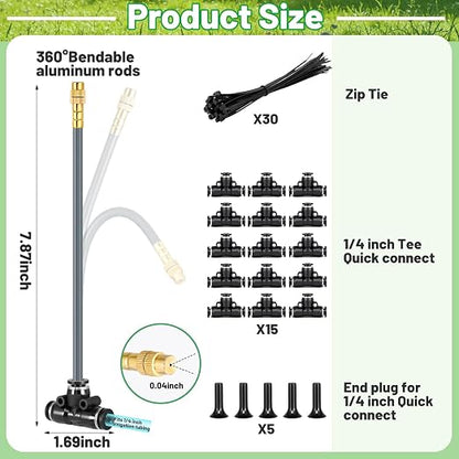 360° Adjustable 1/4" Drip Irrigation System Kits,Bendable Watering Misting Irrigation System, Garden Watering Atomizing System with 15 Nozzles for Garden Irrigation System (No Include 1/4" Tubing)