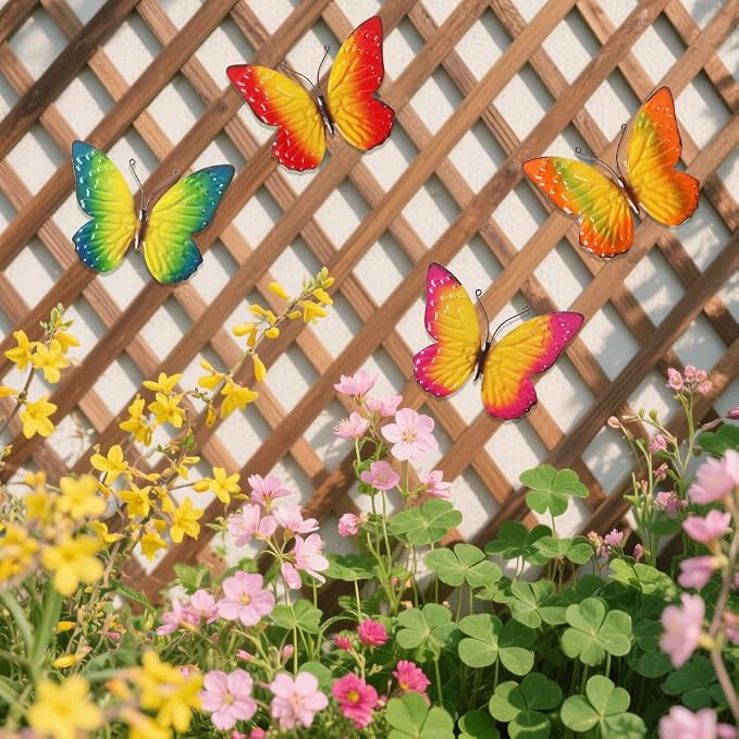 dreamskip Metal Butterfly Wall Decor Art, 4 Pack Colorful Metal Butterflies, Hand Painted for Garden, Yard, Fence, Patio, Living Room, Bedroom Decoration