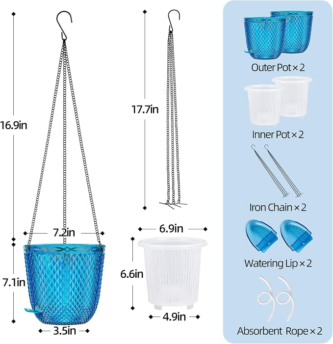 QCQHDU 7.2 Inch 2 Pack Hanging Planters for Indoor Outdoor Plants,Self Watering Flower Pots Hanging Basket,Plastic Plant Hanger with Drainage Holes and 3 Hooks for Window Porch Garden Balcony, (Blue)