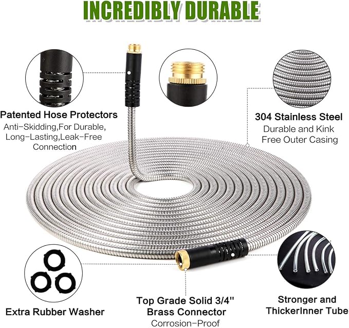 Flexible Metal Garden Hose 25ft-Heavy Duty Water Hose with Durable 304 Stainless Steel and 10 Way Spray Nozzle-Strong 3/4'' Solid Brass Fitting-Outdoor Yard No Kink Lightweight Short Hose Pipe