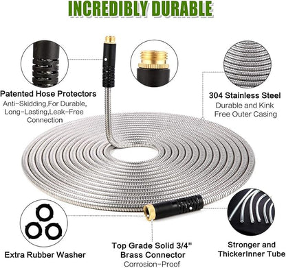 Flexible Metal Garden Hose 100ft-Heavy Duty Water Hose with Durable 304 Stainless Steel and 10 Way Spray Nozzle-Strong 3/4'' Solid Brass Fitting-Outdoor Yard No Kink Lightweight Long Hose Pipe