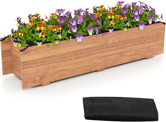 HAPPYGRILL Raised Garden Bed, Wood Flower Planter Box w/4 Drainage Holes, Black Liner for Containing Soil, Indoor Outdoor Wooden Plant Container for Backyard, Patio, Balcony (1,44" x 11" x 10")