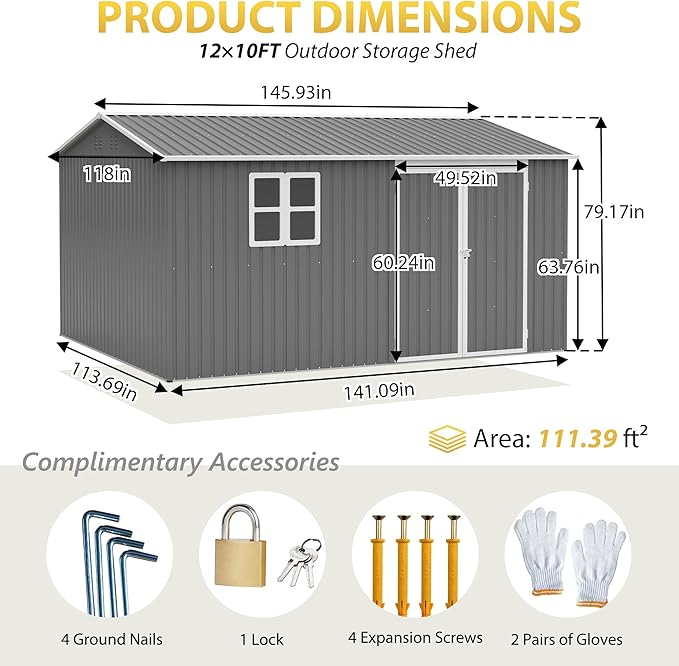 PVWIIK 12x10 FT Metal Outdoor Storage Shed with Floor Frame, Heavy Duty Waterproof Steel Garden Tool Shed with Lockable Doors, Utility Storage Building for Backyard Patio Lawn Garden, Grey
