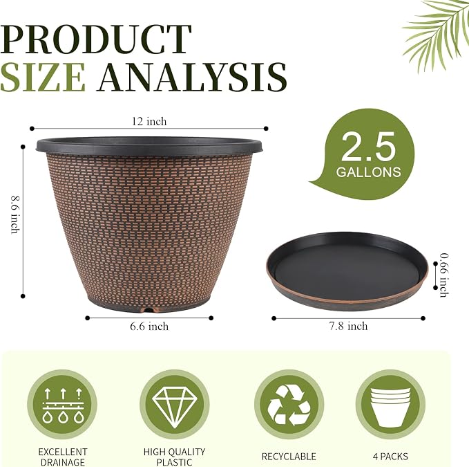12 inch Pots for Plants, 4 Pack Large Outdoor Planter Pot with Drainage Holes & Saucers, Plastic Flower Pots for Indoor Plants, Decorative Garden Pots for Indoor & Outdoor Plant (Black Copper)