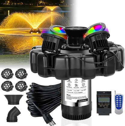 Pond Fountain Aerator, with 4 RGB Lights 1HP 110V 15000 GPH Pond Fountain Pump with Lights, Fully Automatic Lake Floating Fountain, 100 FT Power Cord, Pond Fountains for Large Ponds Lake