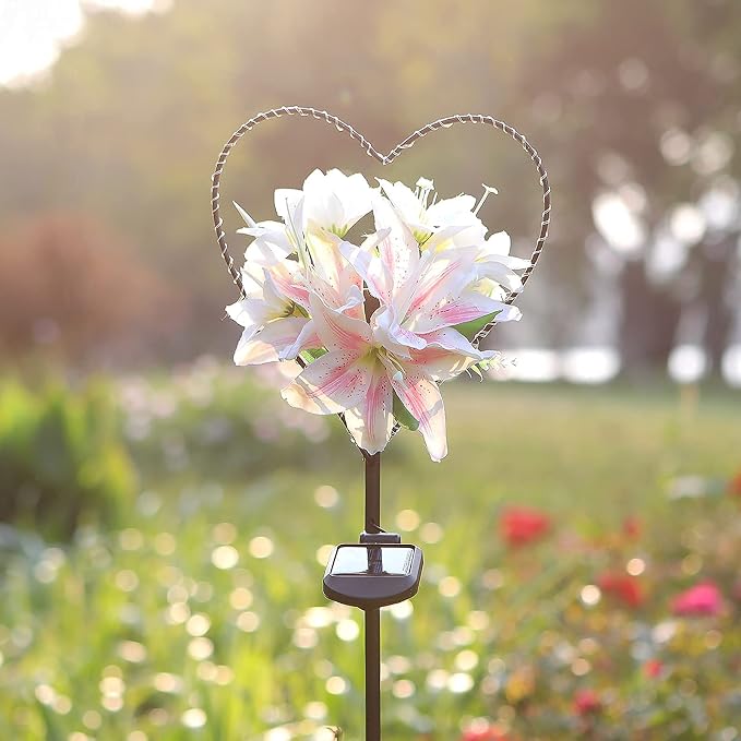 Starryfill Solar Garden Stake Lights Outdoor - Heart-Shaped Metal Decor with Lily Flowers & 25 LED Warm White Lights, Waterproof Memorial Decorations for Cemetery Grave, Remembrance Valentine's Gift