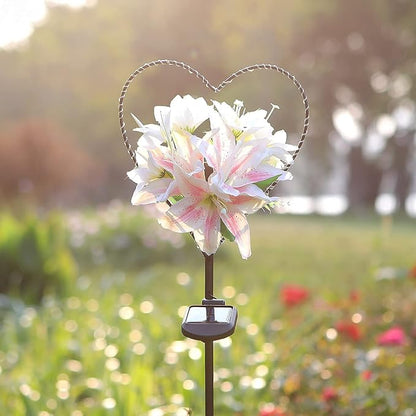 Starryfill Solar Garden Stake Lights Outdoor - Heart-Shaped Metal Decor with Lily Flowers & 25 LED Warm White Lights, Waterproof Memorial Decorations for Cemetery Grave, Remembrance Valentine's Gift