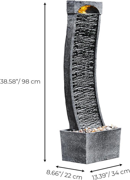 Teamson Home 38.58 in. Modern Curved Faux Slate Waterfall Fountain for Indoors or Outdoors with LED Light Accents and 1.98-Gallon Pump, Black and Stone Gray | Freestanding Floor Garden Waterfall, LED Lights, Weatherproof Polyresin, For Patio & Yard