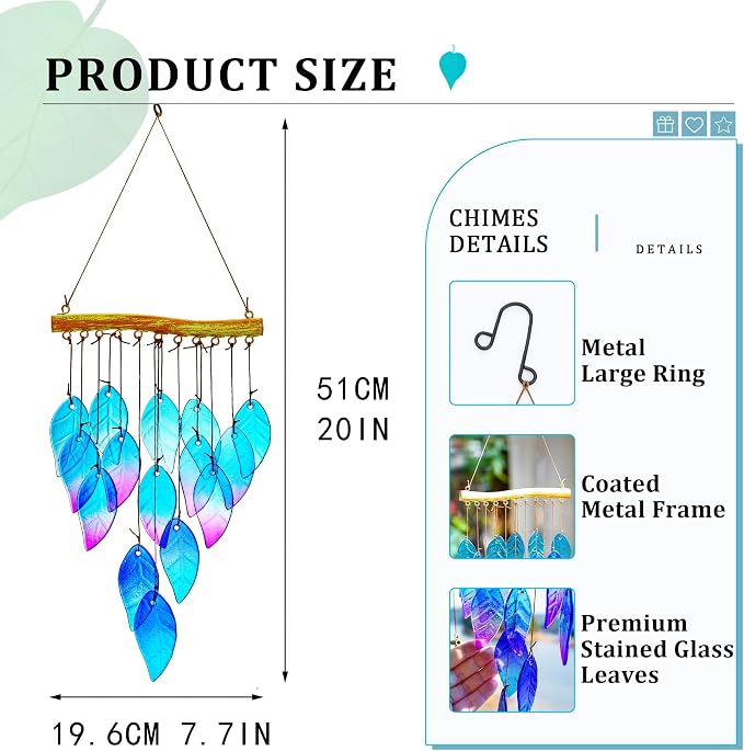 YU FENG 12.5 Inch Handmade Stained Glass Leaf Wind Chimes Window Decor | Unique Glass Chimes, Indoor Outdoor Hanging Ornament, Leaf Pattern Decoration for Patio Backyard Home
