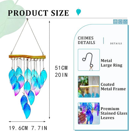 YU FENG 12.5 Inch Handmade Stained Glass Leaf Wind Chimes Window Decor | Unique Glass Chimes, Indoor Outdoor Hanging Ornament, Leaf Pattern Decoration for Patio Backyard Home