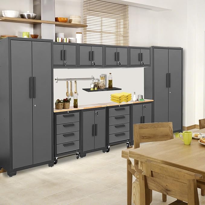 Torin 12 Piece Garage Storage Cabinet System，Workshop Cabinet Set in Black | Included Workshop Tool Organizer Chest with Lockers, Shelves and Wood Workbench, Black/Grey