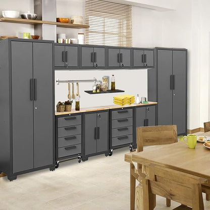 Torin 12 Piece Garage Storage Cabinet System，Workshop Cabinet Set in Black | Included Workshop Tool Organizer Chest with Lockers, Shelves and Wood Workbench, Black/Grey