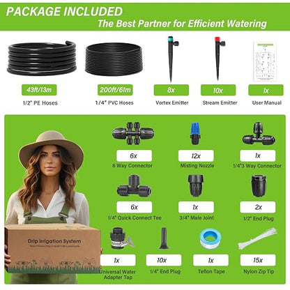243FT Drip Irrigation Kit, Drip Irrigation System with 1/2'' Hose1/4 Drip Irrigation Tubing, 2026New Quick-Connect, Three Adjustable Nozzle Types for Garden Greenhouse Flower Bed Patio Lawn