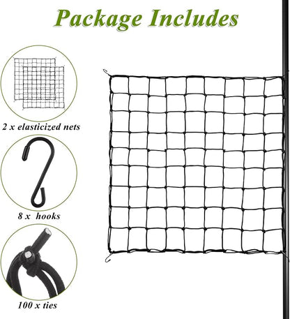 2 Pack 5x5 ft Elastic Trellis Netting for Grow Tent, Heavy Duty Plant Support Net with Steel Hooks and 100 Zip Ties, Black Garden Trellis Net for Tomatoes, Cucumbers, Vines